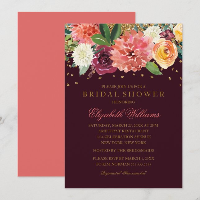 Burgundy Peach Gold Floral Glitzer Brautparty Einladung (Vorne/Hinten)