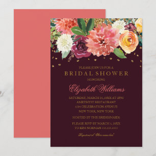 Burgundy Peach Gold Floral Glitzer Brautparty Einladung