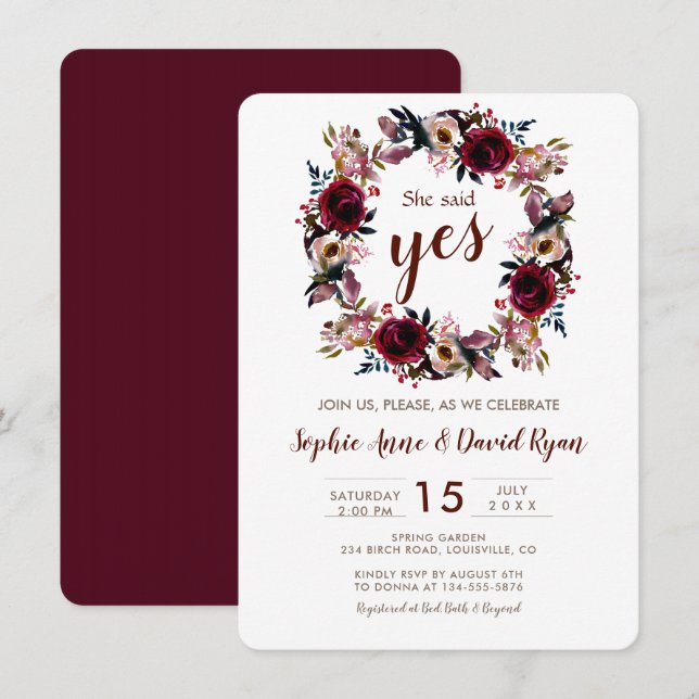 Burgundy Peach Marsala Floral Engagement Party Einladung (Vorne/Hinten)