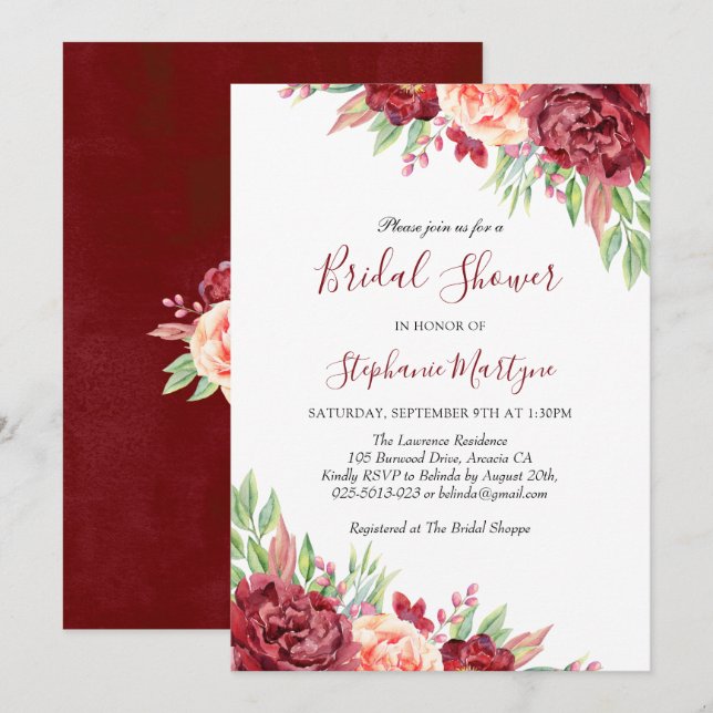 Burgundy Peach Rose Floral Brautparty Einladung (Vorne/Hinten)