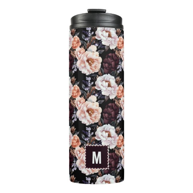Burgundy Peonies Floral Pattern | Monogramm Thermosbecher (Vorderseite)