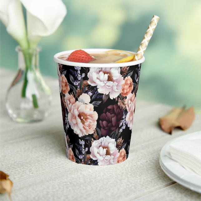 Burgundy Peonies Floral Pattern Pappbecher (In Situ)