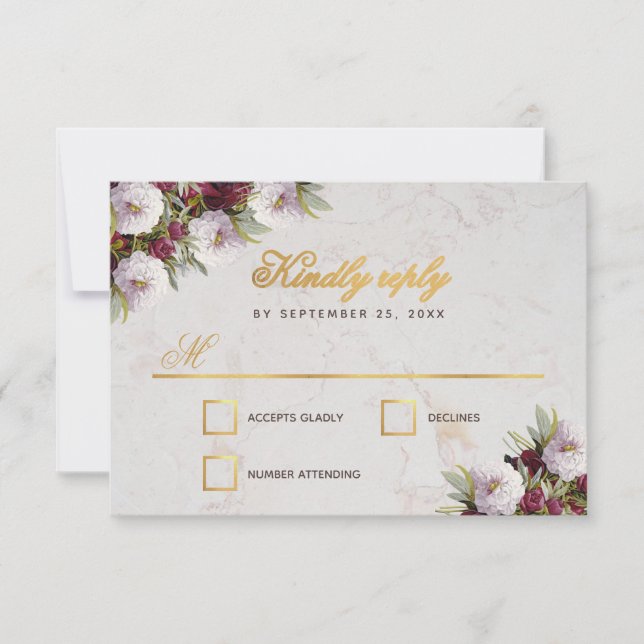 Burgundy Peonies Imitats Gold Marmor Hochzeit RSVP Karte (Vorderseite)