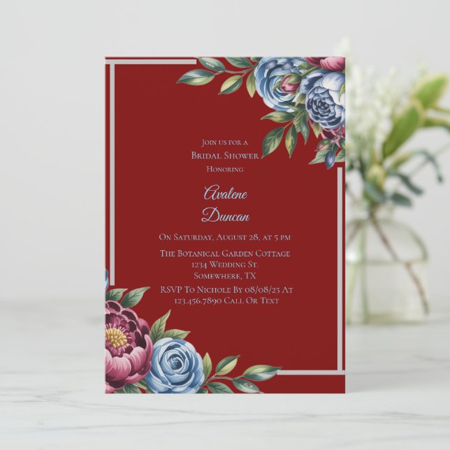 Burgundy Peony and Blue Rose Brautparty Einladung (Stehend Vorderseite)