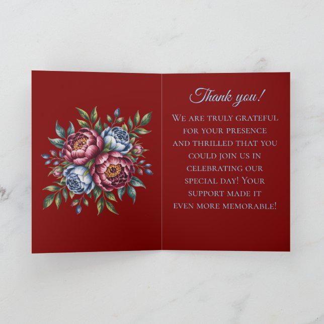 Burgundy Peony and Blue Rose Wedding Vielen Dank Karte (Innenseite)