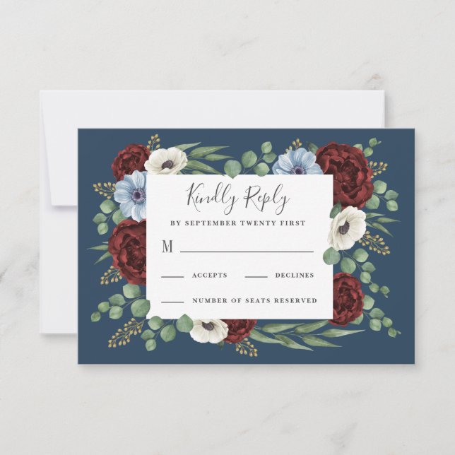 Burgundy Peony Dusty Blue Anemone Blumenhochzeit RSVP Karte (Vorderseite)