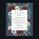 Burgundy Peony Dusty Blue Navy Wedding Menu Cards<br><div class="desc">Der Blumenkranz aus Silber und Eukalyptus ist im Design gehalten. Burgunder-rote Rose,  staubige blaue und elfenbeinblaue Ekru- oder weiße Anemonen fügen eine elegante Touch hinzu. Der Hintergrund ist marineblau mit einem weißen Textfeld. Dunkelgraue Schriftart werden mit modernem Layout ergänzt.</div>