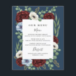 Burgundy Peony Dusty Blue Navy Wedding Menu Cards<br><div class="desc">Der Blumenkranz aus Silber und Eukalyptus ist im Design gehalten. Burgunder-rote Rose,  staubige blaue und elfenbeinblaue Ekru- oder weiße Anemonen fügen eine elegante Touch hinzu. Der Hintergrund ist marineblau mit einem weißen Textfeld. Dunkelgraue Schriftart werden mit modernem Layout ergänzt.</div>