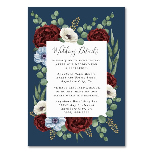 Burgundy Peony Dusty Blue Wedding Cards Tischnummer (Vorderseite)