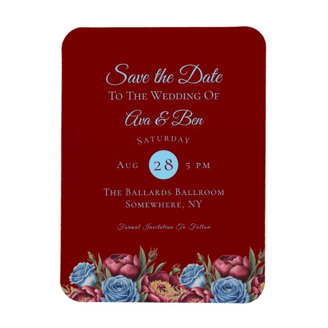 Burgundy Peony und Blue Rose Save the Date Magnet (Vertikal)