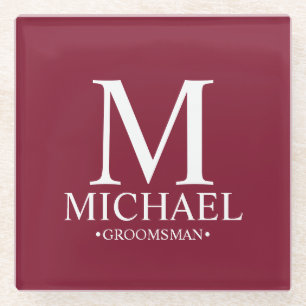 Burgundy Personalisiert Monogramm und Name Trauzeu Glasuntersetzer