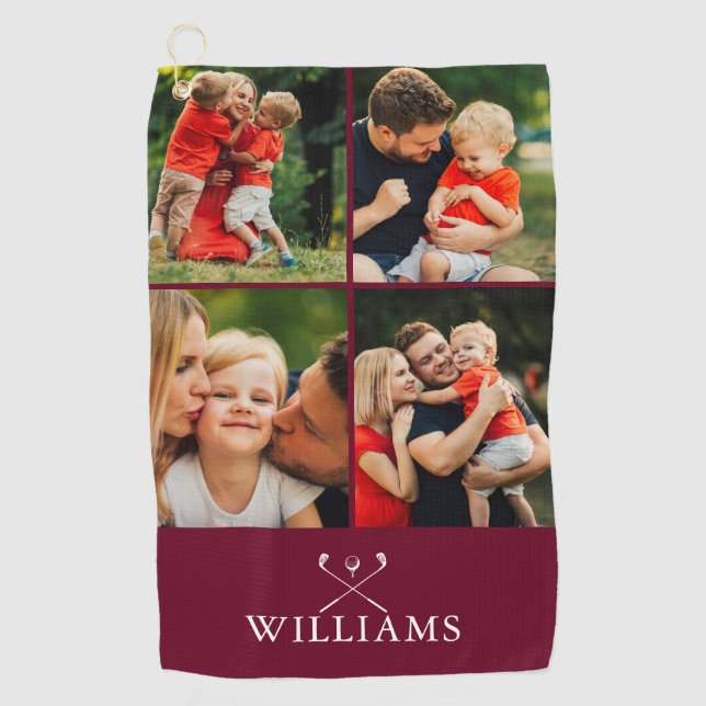 Burgundy Personalisiert Name Foto Collage Golfhandtuch (Vorderseite)