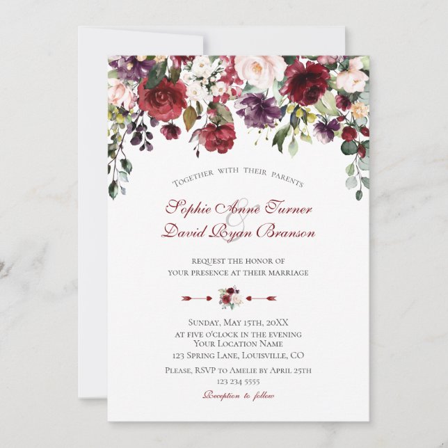 Burgundy Pflaume Blush Blume Hochzeit Einladung (Vorderseite)