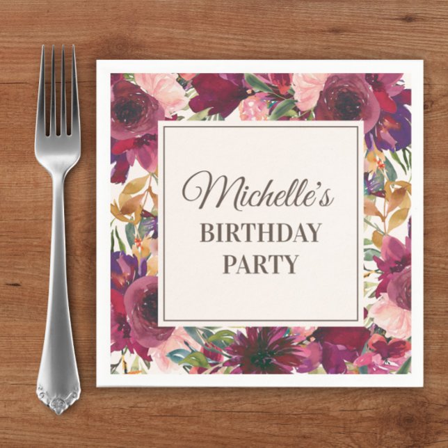 Burgundy Pink Aquarell Floral Geburtstag Serviette (Burgundy and pink watercolor floral custom birthday party paper napkins)