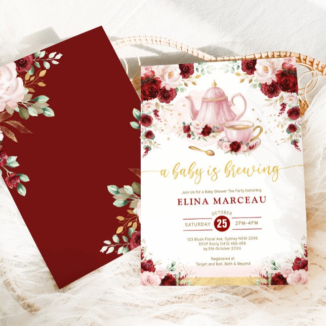 Burgundy Pink Baby Brewing Shower Tee Party Einladung (Von Creator hochgeladen)