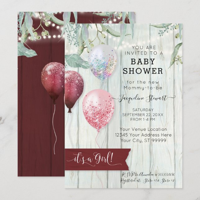Burgundy Pink Balloon Rustic Wood Girl Babydusche Einladung (Vorne/Hinten)