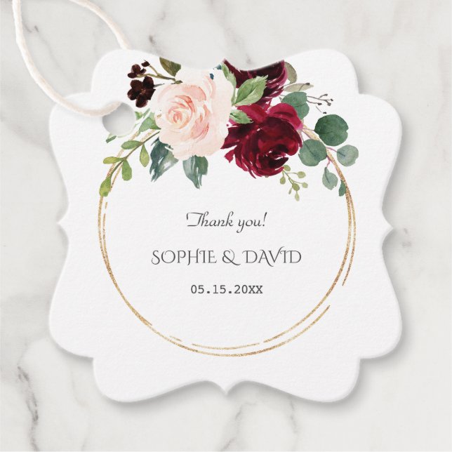 Burgundy Pink Blue Flowers Gold Wedding Geschenkanhänger (Vorderseite)