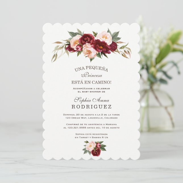 Burgundy Pink Blume Invitación de Baby Dusche Einladung (Stehend Vorderseite)