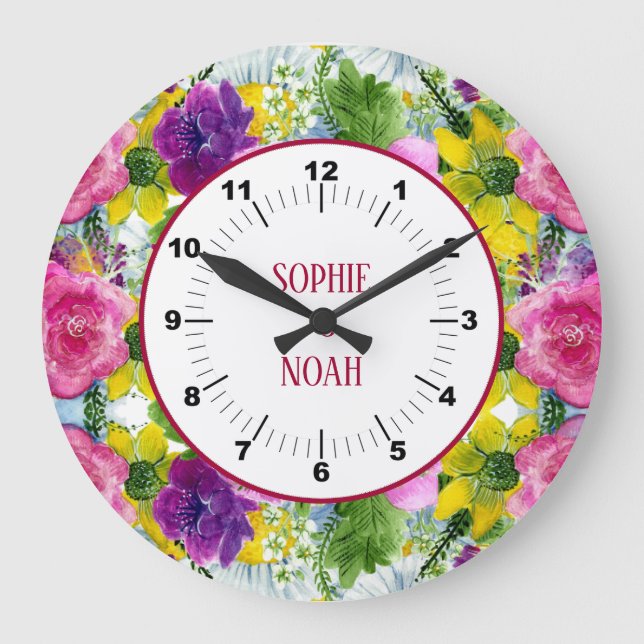 Burgundy Pink Blumengarten Hochzeit neu geplant Große Wanduhr (Vorderseite)