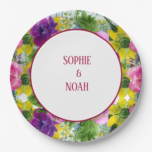 Burgundy Pink Blumengarten Hochzeit neu geplant Pappteller (Vorderseite)