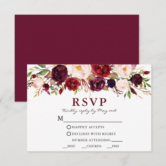 Burgundy Pink Blumenmahlzeit RSVP Karte (Vorne/Hinten)