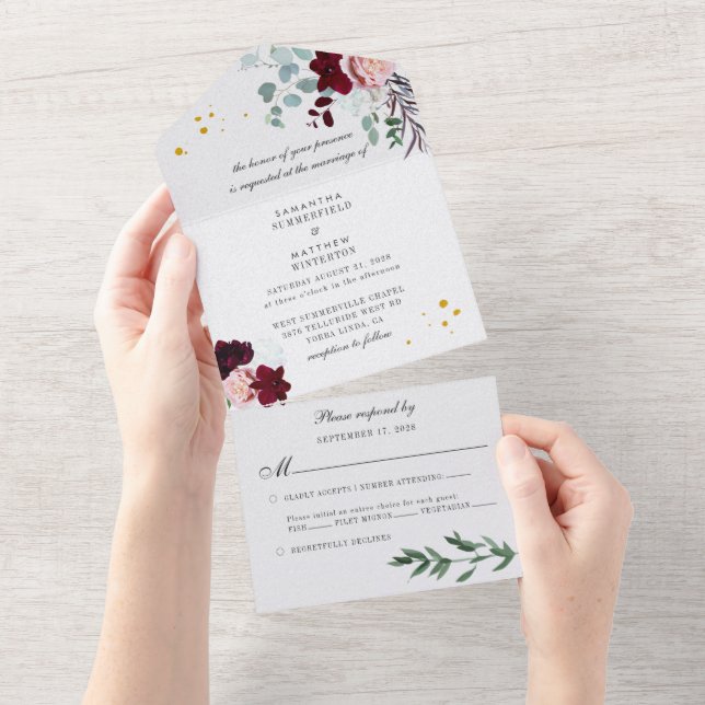 Burgundy Pink Blumenschrift Grüne Hochzeit All In One Einladung (Abreißen)