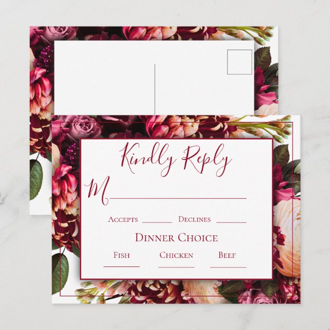 Burgundy Pink Blumenzettel Wedding RSVP Postkarte (Vorne/Hinten)