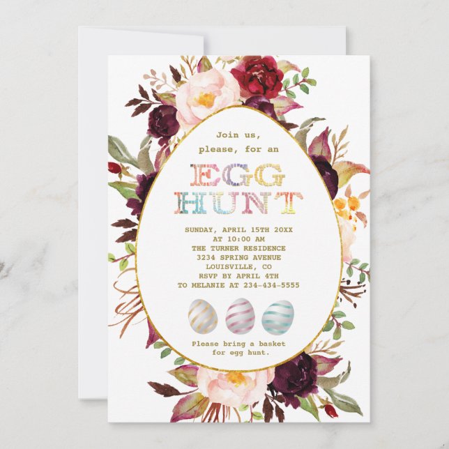 Burgundy Pink Blush Blume Gold Ei Hunt Osterfest Einladung (Vorderseite)