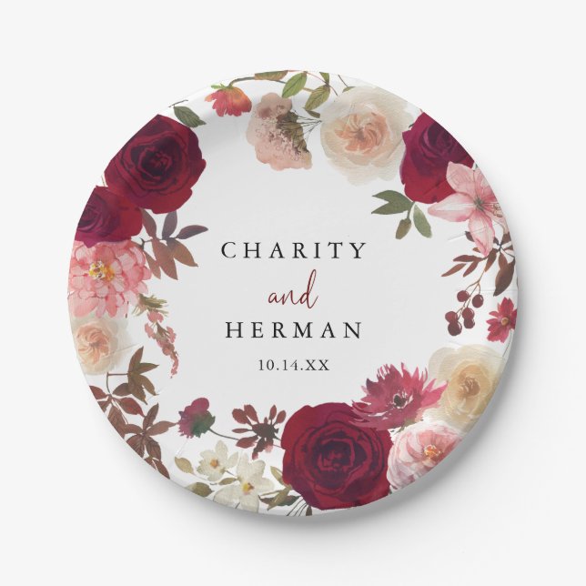 Burgundy Pink Blush Blumenkuchen Pappteller (Vorderseite)