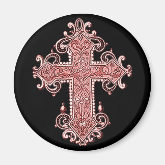 Burgundy Pink Cross Vintage Art Round Magnet !
