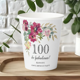 Burgundy Pink Floral 100. Geburtstag Pappbecher