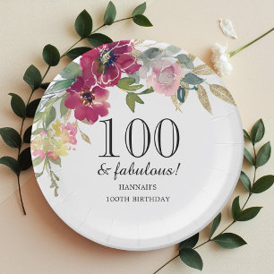 Burgundy Pink Floral 100. Geburtstag Pappteller