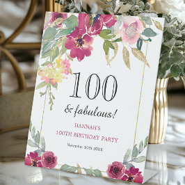 Burgundy Pink Floral 100. Geburtstag Sockelschild