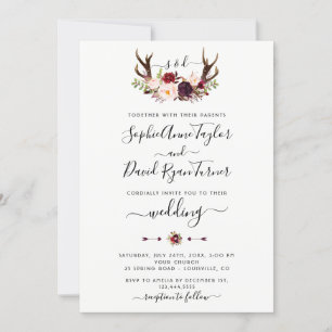 Burgundy Pink Floral Antlers Calligrafy Wedding Einladung