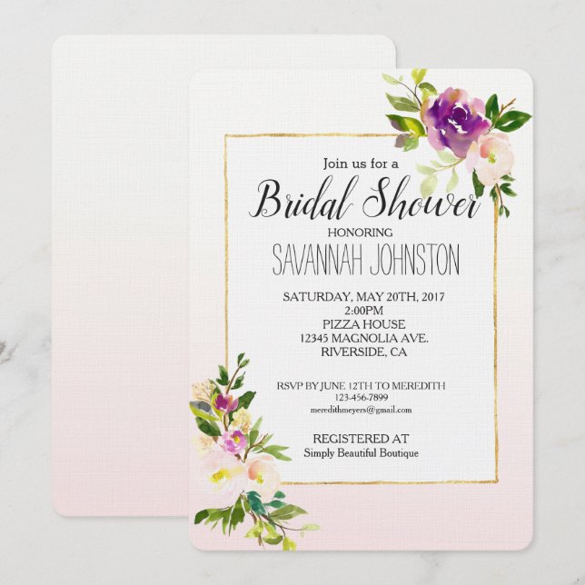Burgundy Pink Floral Brautparty Einladung (Vorne/Hinten)