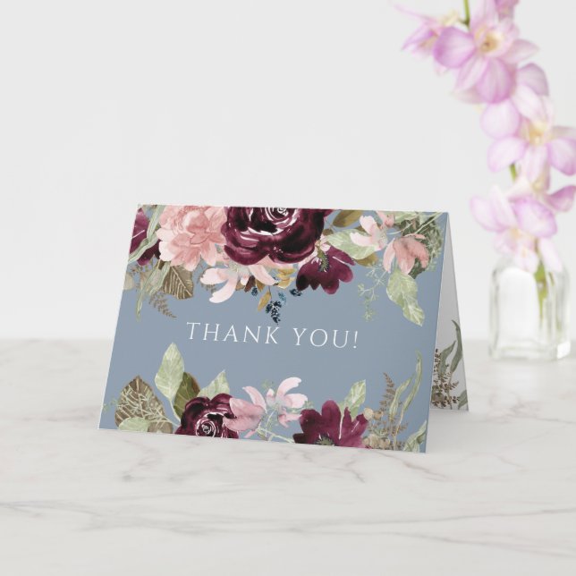 Burgundy Pink Floral Elegant Dusty Blue Vielen Dan Karte (Orchidee)