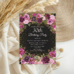 Burgundy Pink Floral Glitzer Black 30. Geburtstag Einladung<br><div class="desc">Elegantes und romantisches Rosa,  Bordeaux,  lila Aquarell Vintage Blumen und Blätter auf schwarzen,  maßgeschneiderten 30. Geburtstag Party Einladung mit goldenem Glitzer. Personalisiert mit dem Namen des Ehrengast.</div>