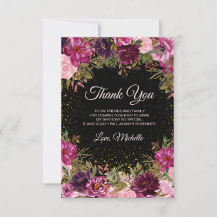 Burgundy Pink Floral Glitzer Black Birthday Dankeskarte