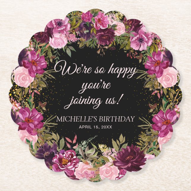 Burgundy Pink Floral Glitzer Black Birthday Untersetzer (Vorderseite)