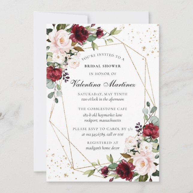 Burgundy Pink Floral Gold Geometrisches Brautparty Einladung (Vorderseite)