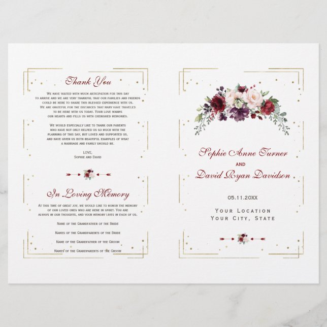 Burgundy Pink Floral Gold Glitzer Wedding Program (Vorderseite)