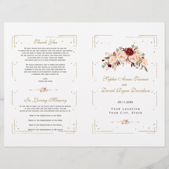 Burgundy Pink Floral Gold Glitzer Wedding Program (Vorderseite)