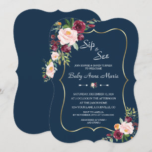 Burgundy Pink Floral Gold Navy Baby Dusche Einladung