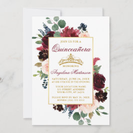 Burgundy Pink Floral Gold Quinceanera Einladung