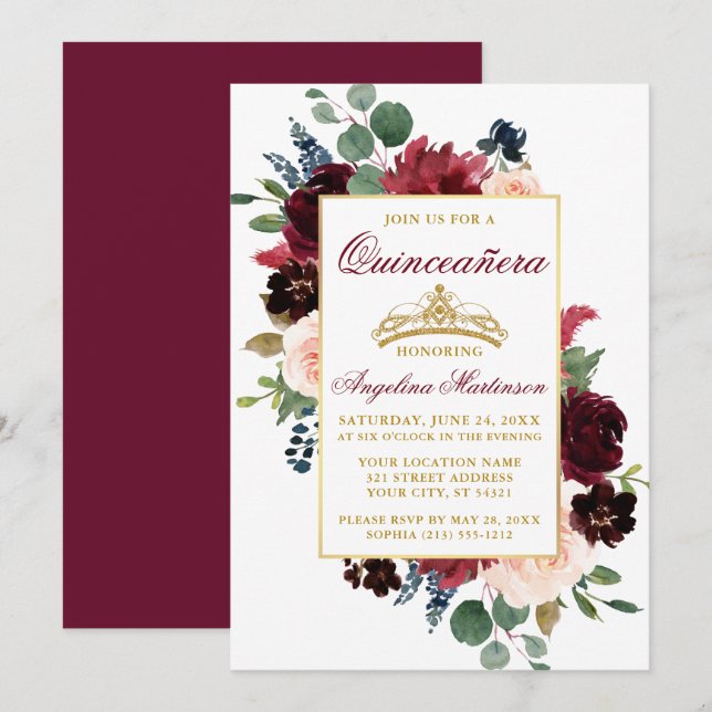 Burgundy Pink Floral Gold Quinceanera Einladung (Vorne/Hinten)