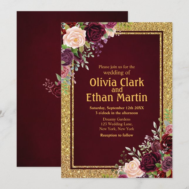 Burgundy Pink Floral Gold Rahmen Einladung (Vorne/Hinten)