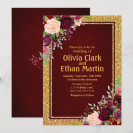 Burgundy Pink Floral Gold Rahmen Einladung