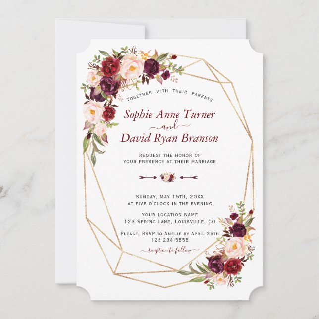 Burgundy Pink Floral Gold Rahmen Hochzeit Einladung (Vorderseite)