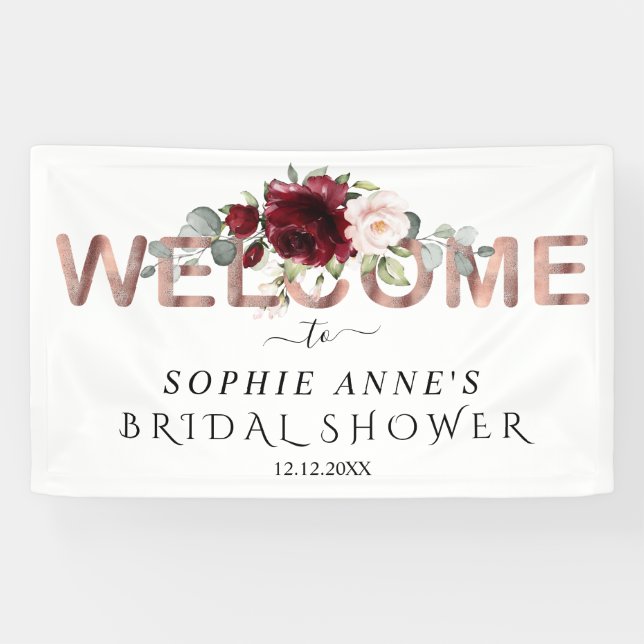 Burgundy Pink Floral Gold Willkommen Brautparty Banner (Horizontal)