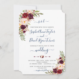 Burgundy Pink Floral Navy Blue Calligraphy Wedding Einladung